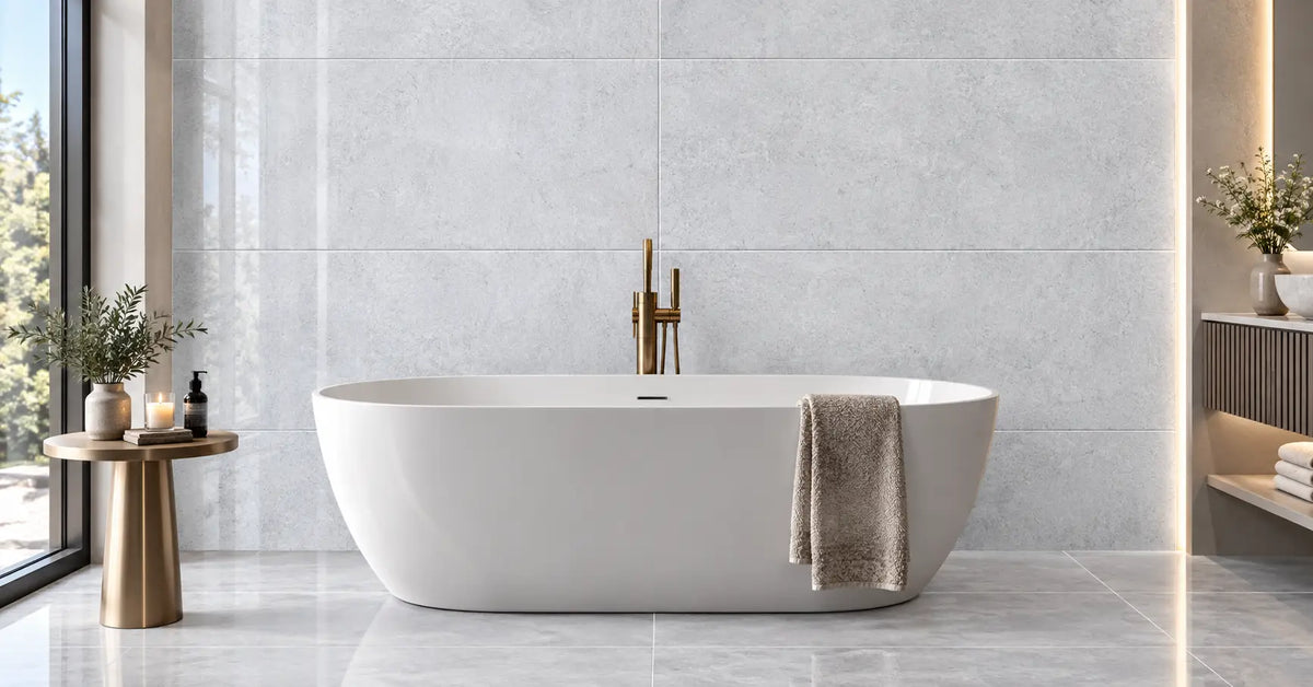 Afyon Grey Gold marble effect polished porcelain 60x120cm tiles on a bathroom wall behind a freestanding bath
