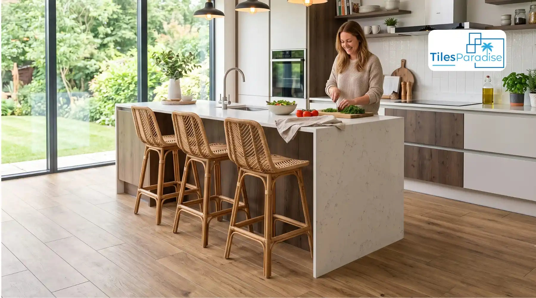 wood effect ceramic floor tiles in oak tone laid in modern UK kitchen