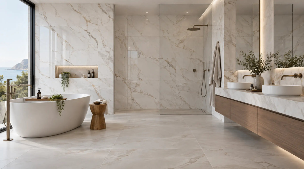 UK bathroom tiled in 60x120cm marble effect porcelain with a matt floor and polished walls
