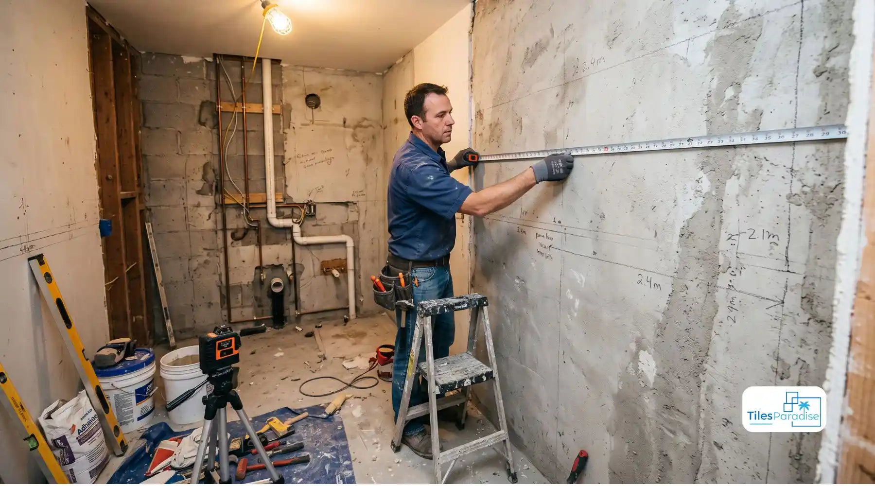 Bathroom wall being measured with a tape for perimeter and tiled height before calculating tile quantity