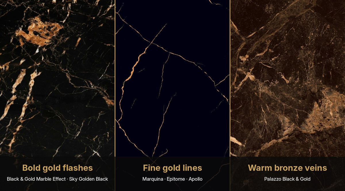 Three black and gold marble effect porcelain tile faces side by side: bold gold flashes, fine gold lines on a blue-black base, and warm bronze veins on chocolate brown