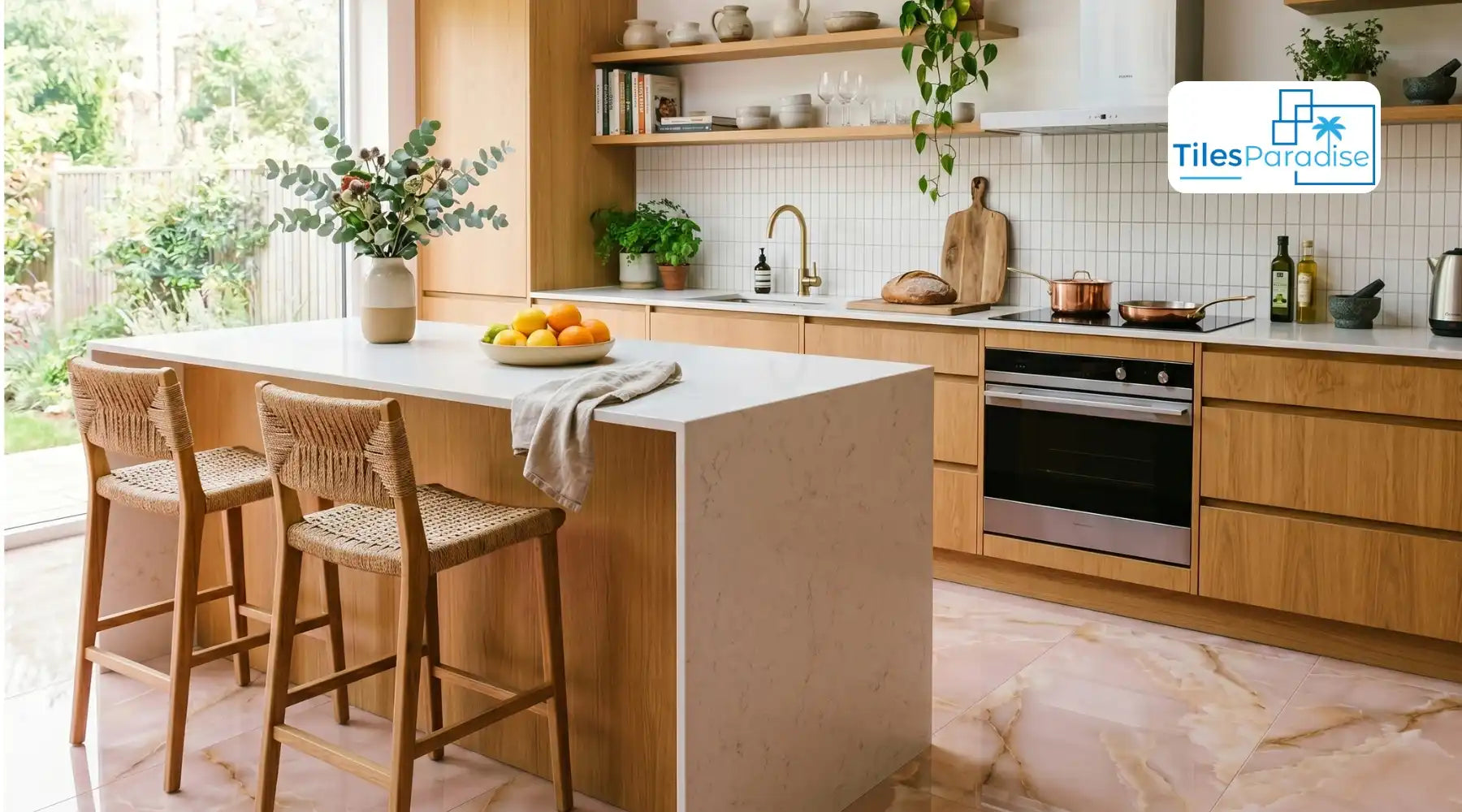 Blush pink kitchen tile splashback with white cabinetry and brilliant white grout.