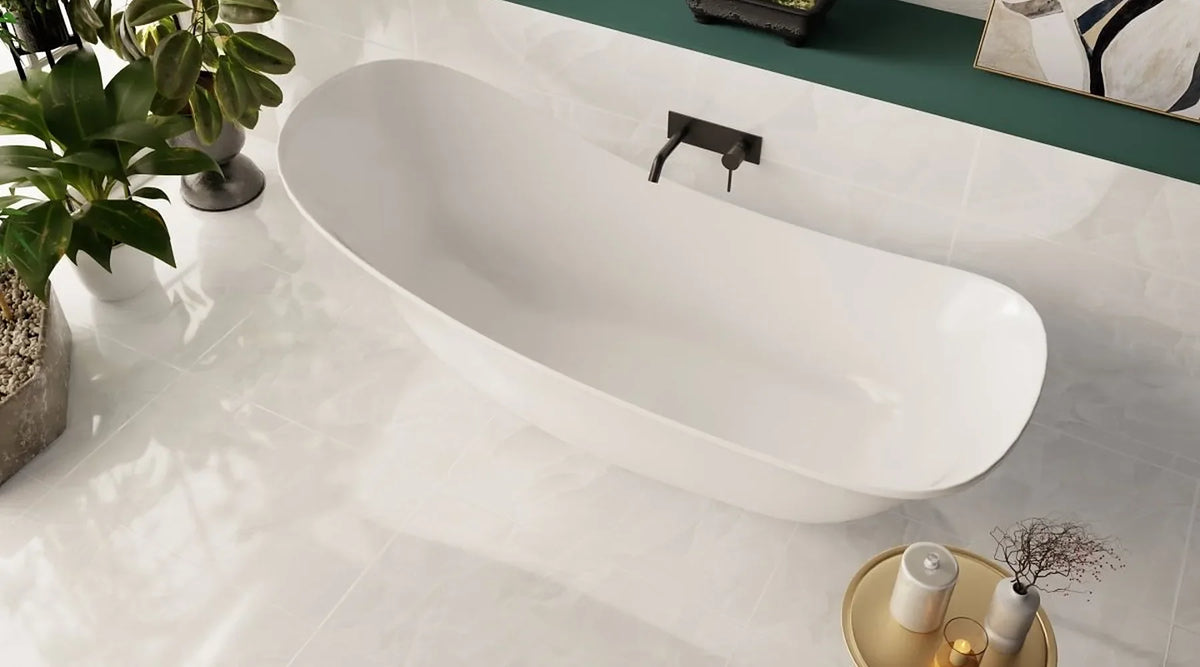 Crystal Onyx White 60x120cm polished porcelain floor and wall tiles around a white freestanding bath with black tap