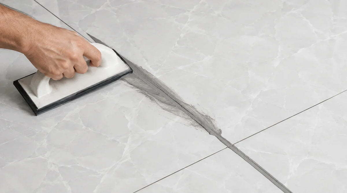 Rubber grout float held at a 45-degree angle pressing grey grout diagonally into 3mm joints between 60x60cm marble-effect porcelain floor tiles