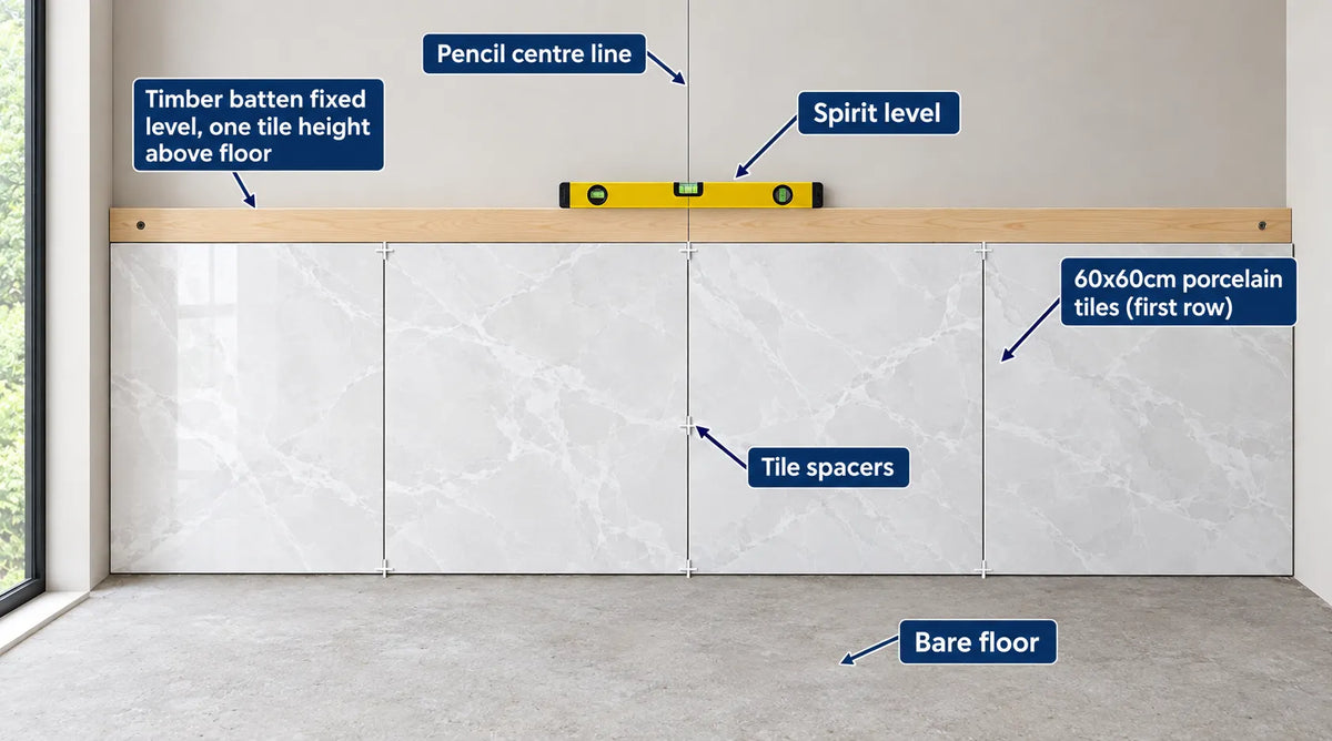 Timber batten fixed level one tile height above the bathroom floor with a pencil centre line and the first row of 60x60cm porcelain tiles