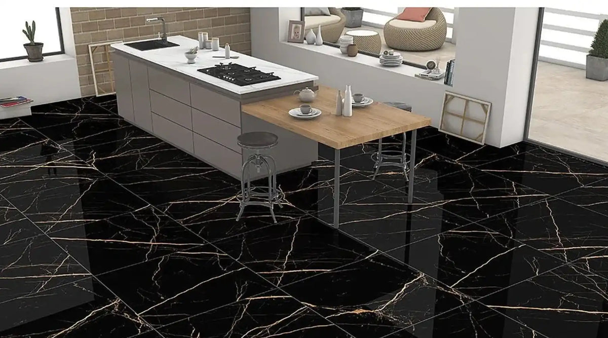 Black and gold high-gloss 60x60cm porcelain kitchen floor tiles in an open-plan kitchen with an island and breakfast bar