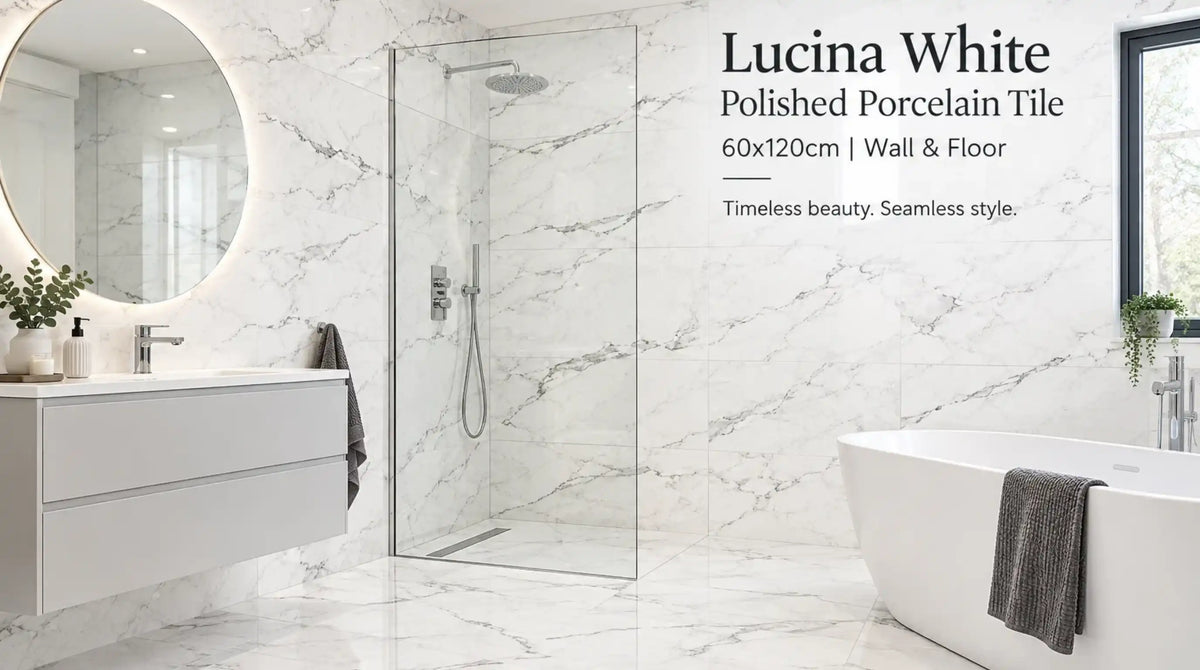 Lucina White polished porcelain 60x120cm rectified tiles laid across a bathroom floor and lower wall with 2mm bright white grout joints