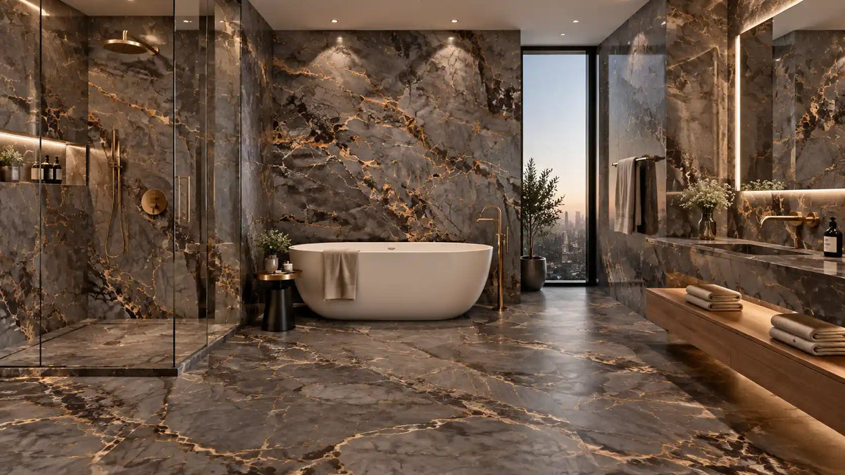 Luxury marble bathroom with honed marble floor tiles and polished marble wall cladding