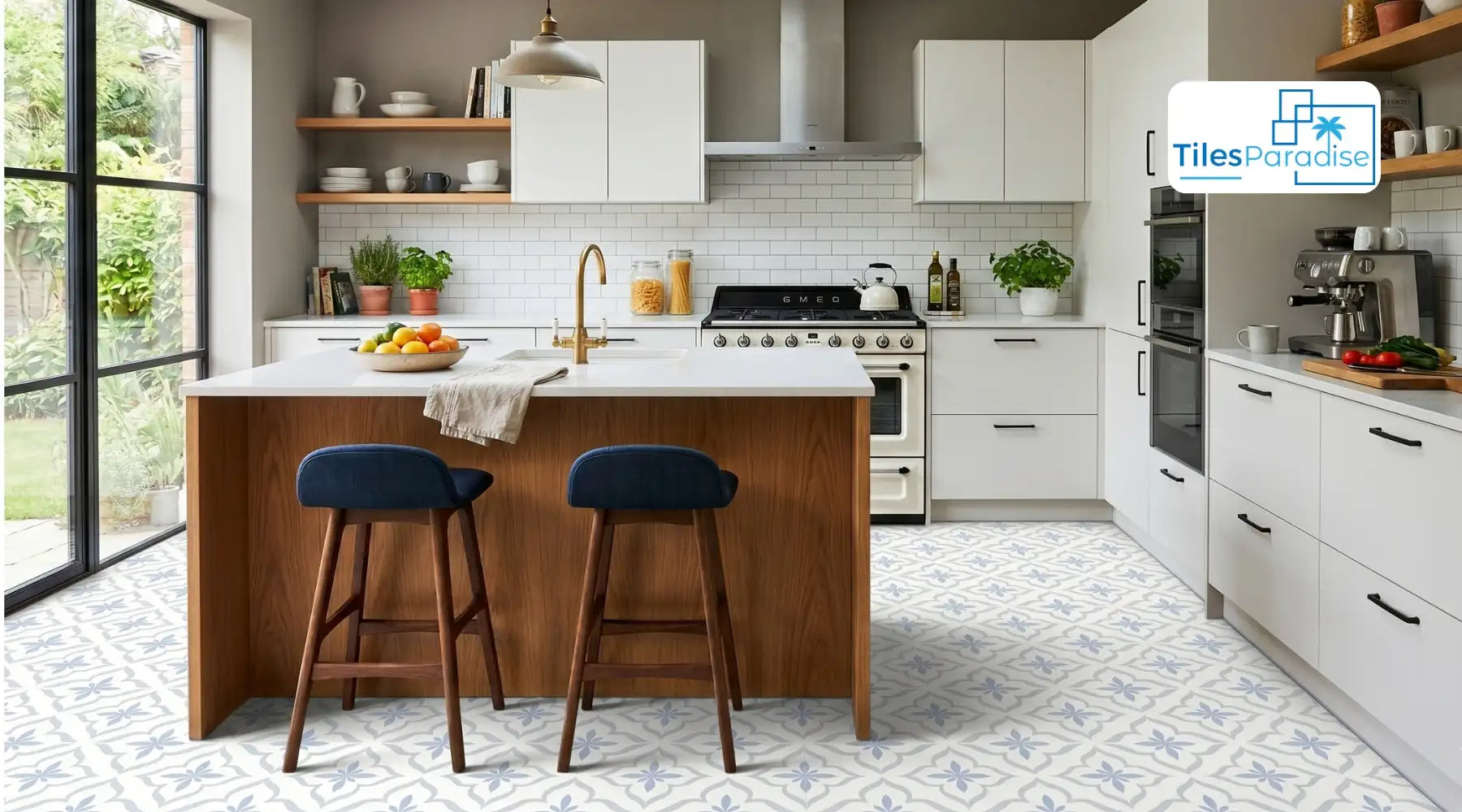 Mosaic kitchen splashback tiles in glass and porcelain behind a hob