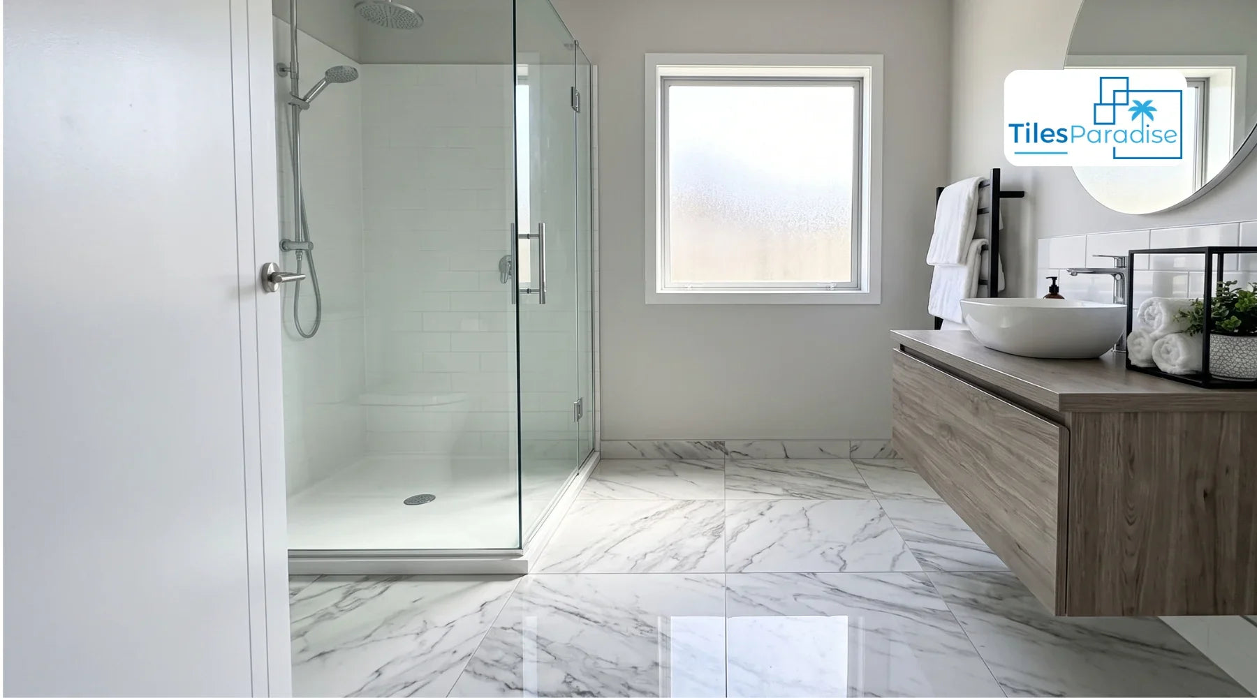 Non-slip marble bathroom floor tiles installed in a modern UK washroom