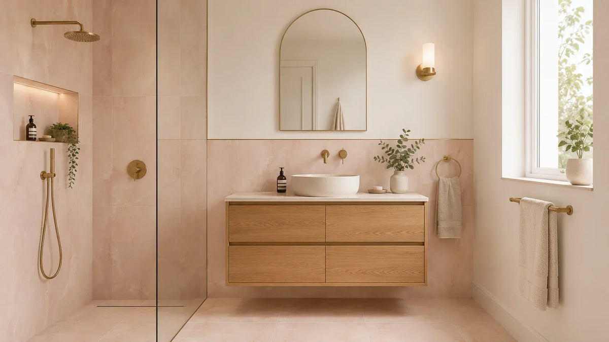 Pink bathroom tiles paired with warm white walls, an oak vanity and brass fittings