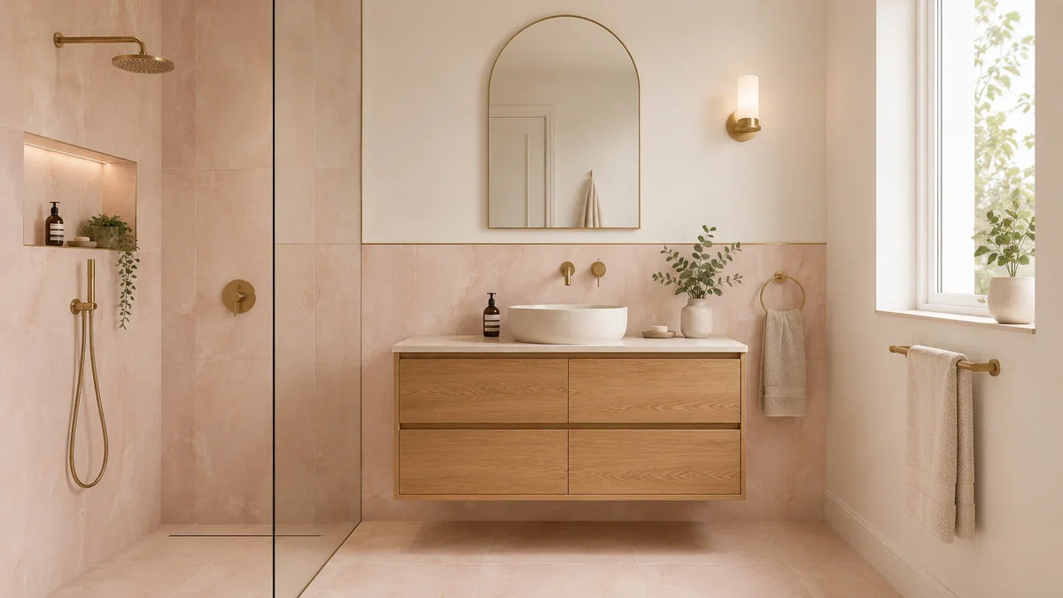 Pink bathroom tiles paired with warm white walls, an oak vanity and brass fittings