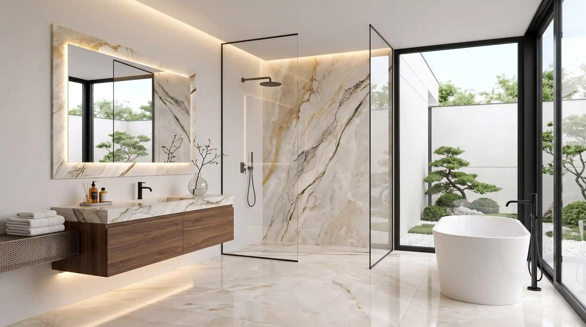 Quartz effect polished porcelain wall and floor tiles in jade, crystal white and obsidian shown in a modern bathroom