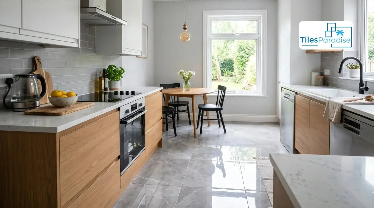 Small galley kitchen with light grey matt 30x60cm porcelain floor tiles laid across the room and a white gloss metro tile splashback