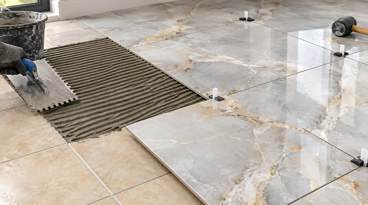 Grey and gold 60x60cm porcelain tiles being laid over old beige ceramic floor tiles with notched trowel adhesive