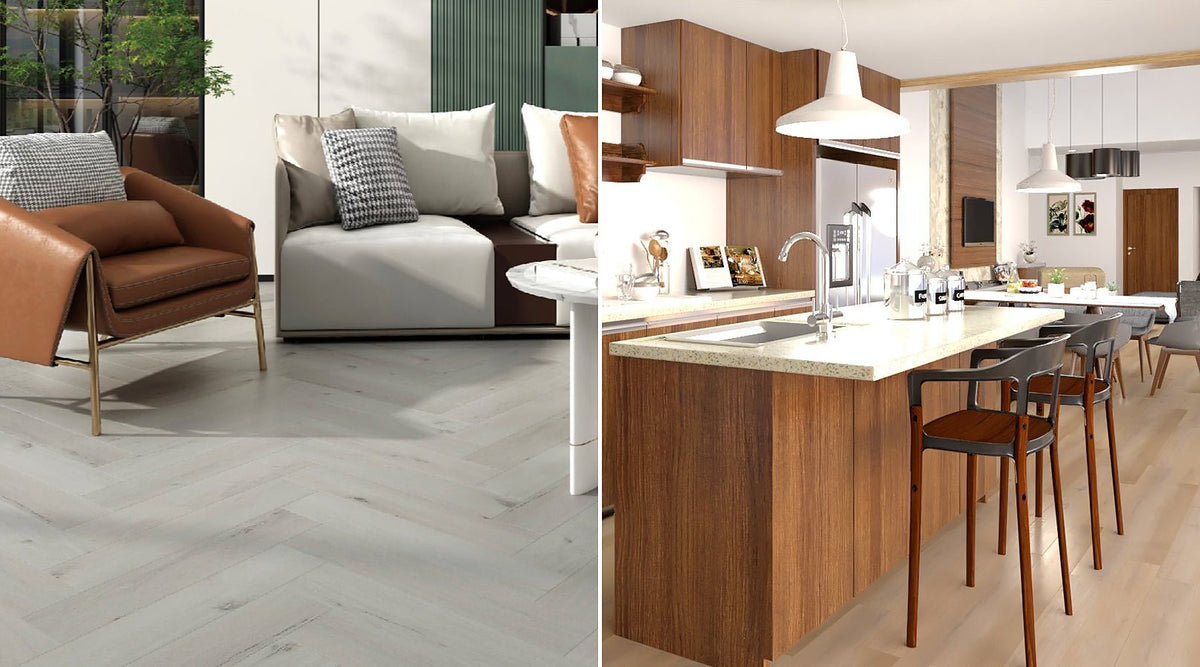 Ash Grey SPC herringbone vinyl floor tiles in a living room beside Honey Oak SPC click vinyl planks in an open-plan kitchen
