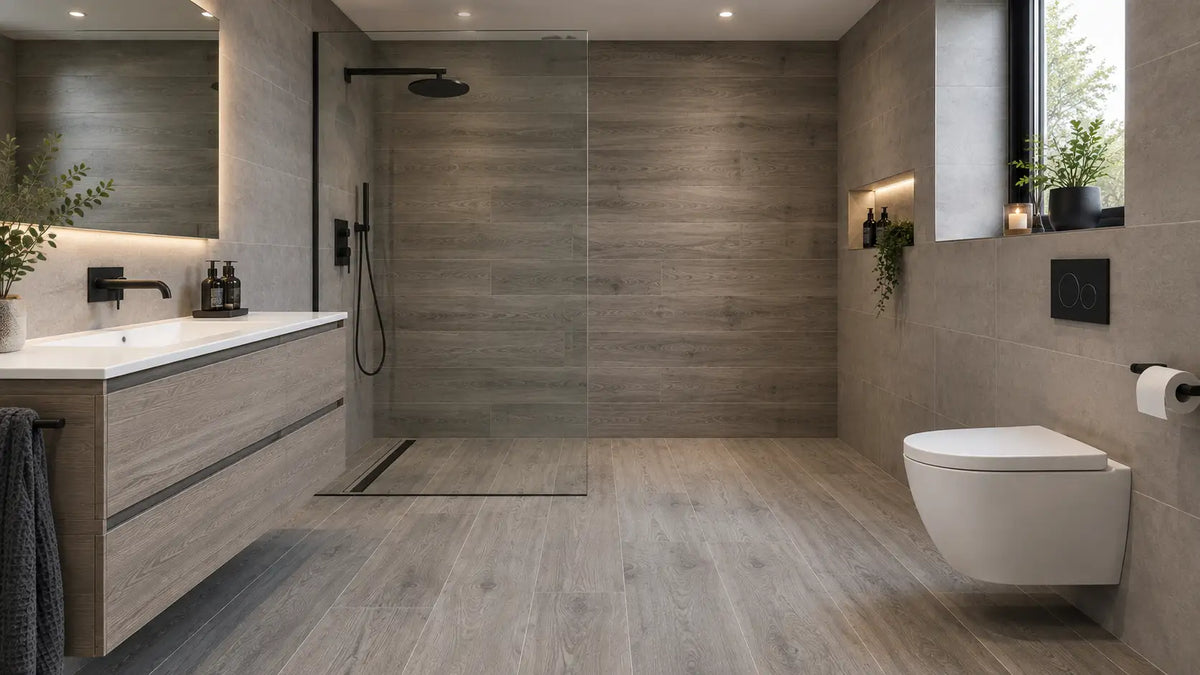 Bathroom with grey-oak wood effect porcelain planks, walk-in shower with linear drain and matt black fittings