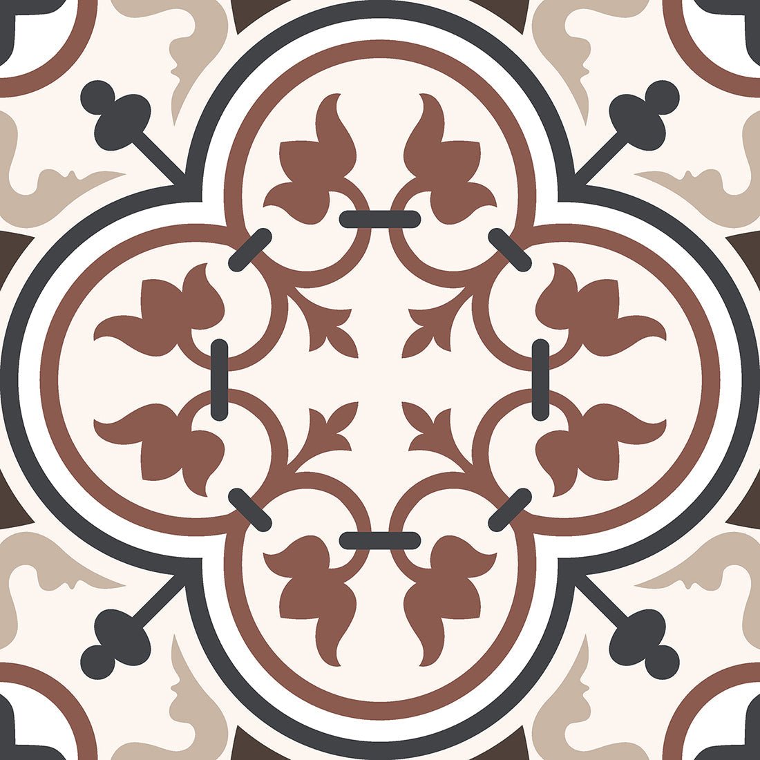 Bathroom brown tiles with vintage floral pattern, cream background, black outline, square sample close-up.
