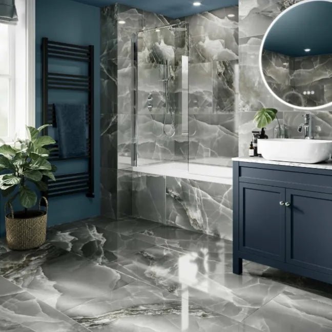 Onyx wall tiles – porcelain with green, blue, pink, gold & beige veins for bathrooms & kitchens