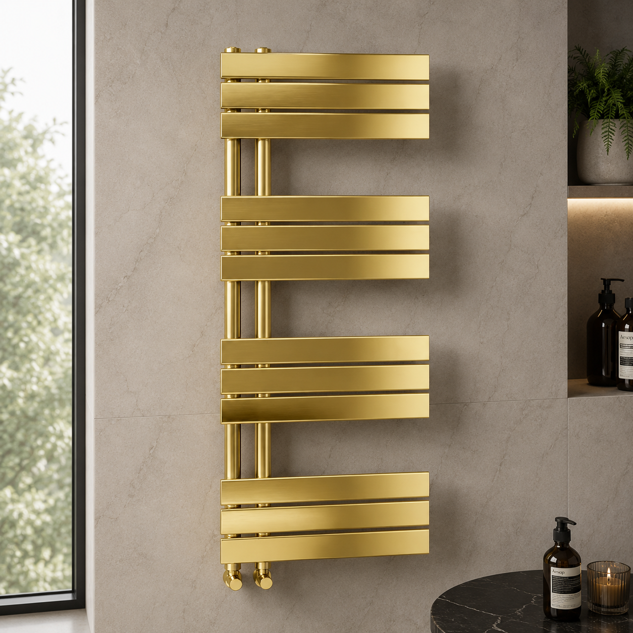 Verano 1200x500mm Brushed Gold Heated Towel Rail – 12 Bar Ladder Radiator, Central Connection