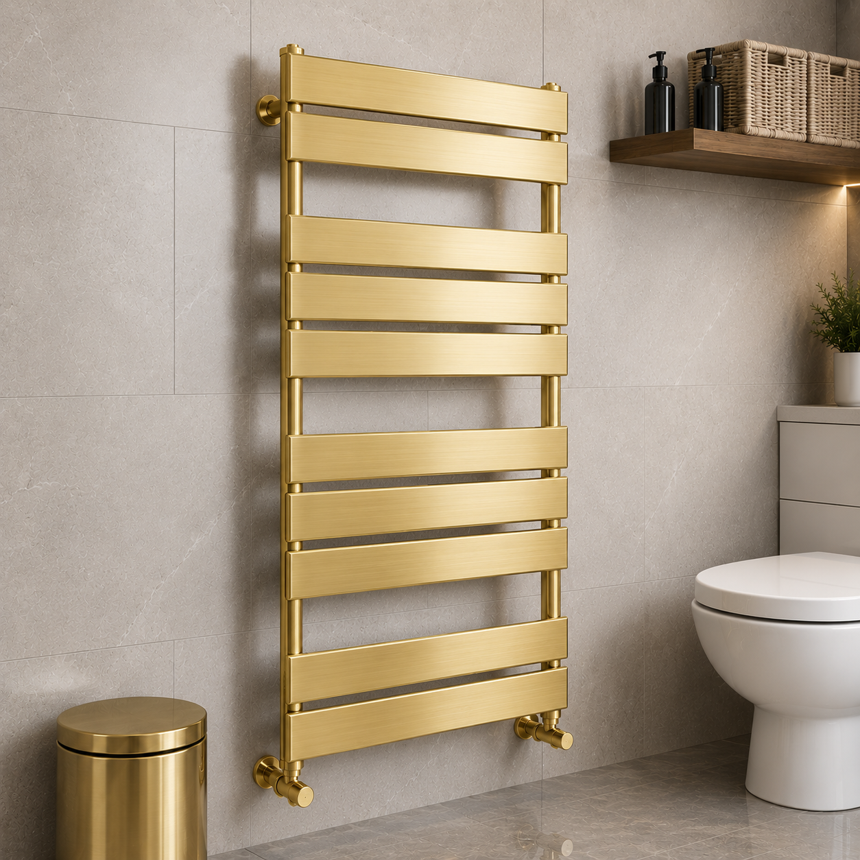 Azzano 1200x500mm Brushed Gold Heated Towel Rail – 12 Bar Designer Ladder Radiator