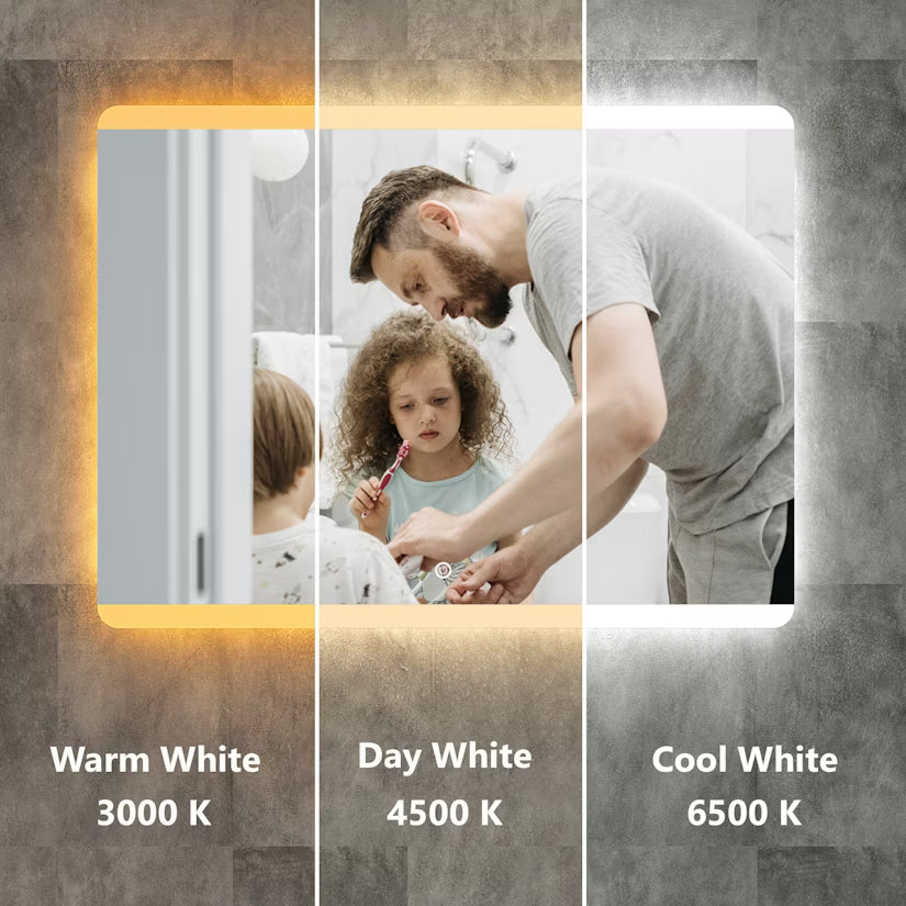 Three panels showing a family using a mirror with different color temperatures.