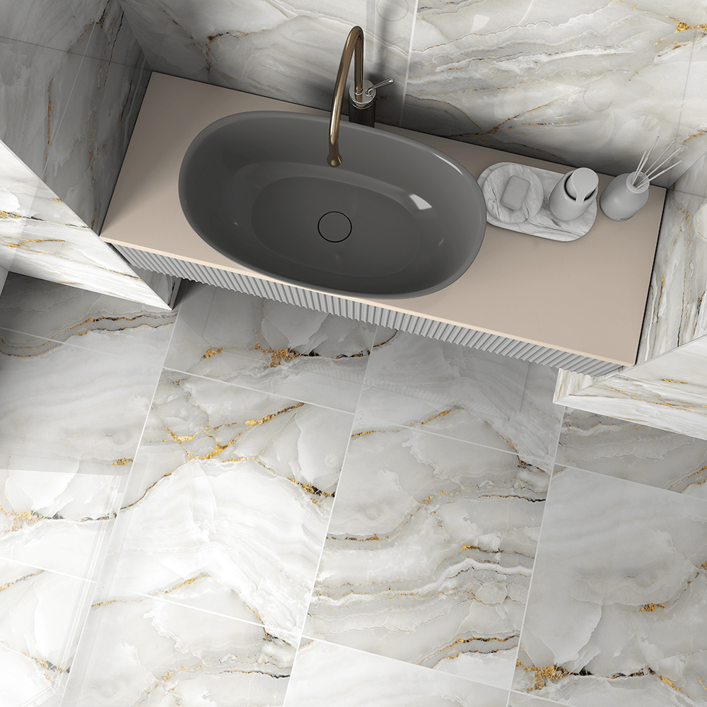 Bathroom top view featuring Aurora Onyx Gold Glossy Porcelain Tiles 60x60cm with elegant gold veining and polished shine.