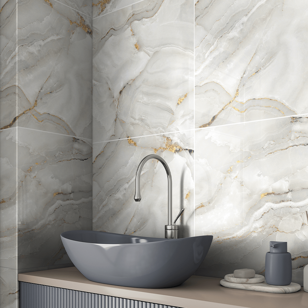 Modern bathroom wall with Aurora Onyx Gold Glossy Porcelain Tiles 60x60cm creating a polished and elegant look.