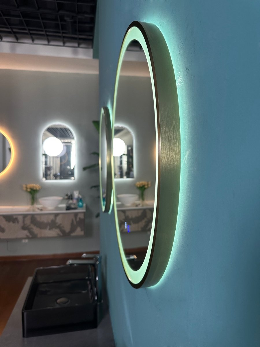 600mm Round Brushed Gold Dimmable LED Bathroom Mirror – Bluetooth, Front - Lit Tri - Light & Anti - Fog | Lumora - TILES Paradise