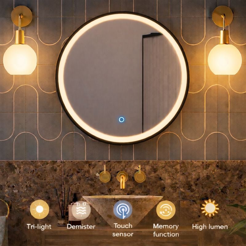 600mm Round LED Bathroom Mirror with Matt Black Frame - Illuminated Border.