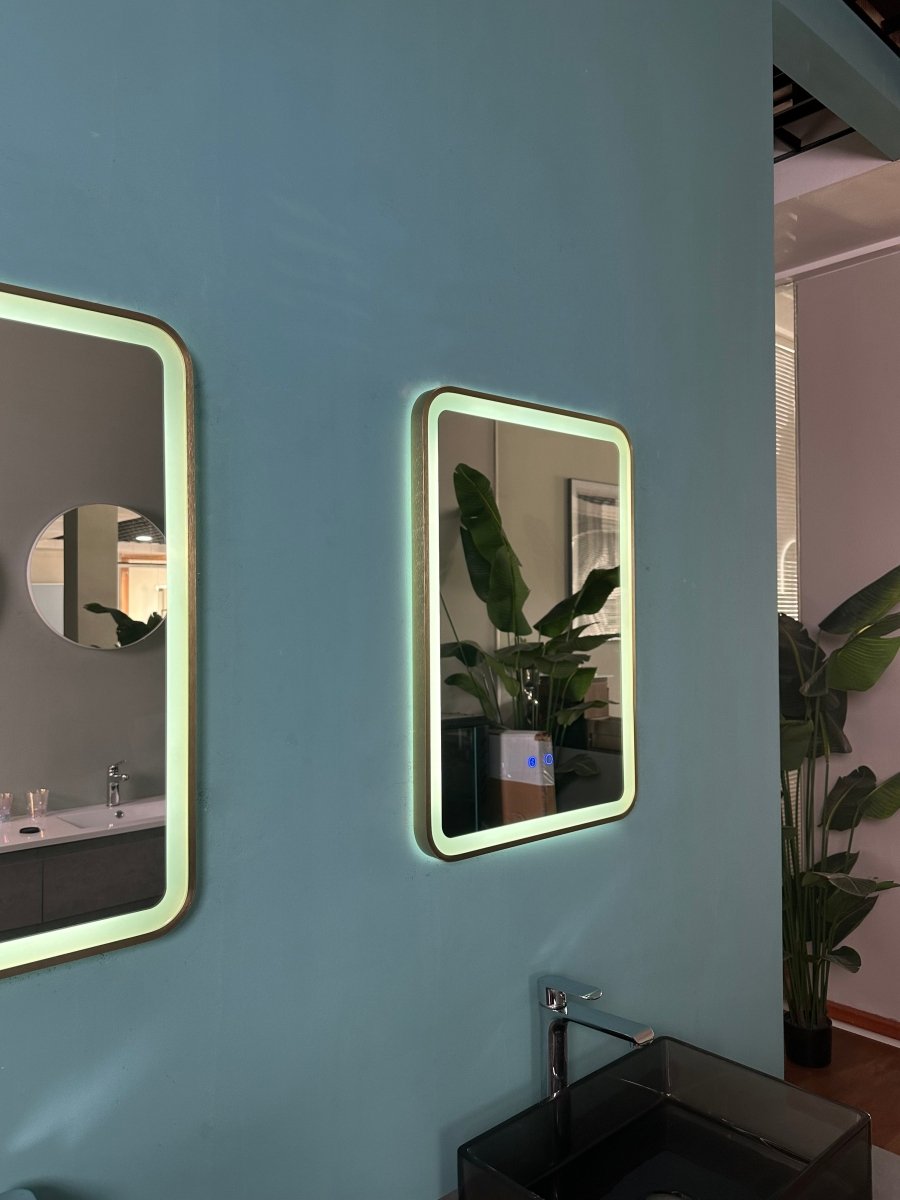 700x500mm Rectangular Brushed Gold Dimmable LED Bathroom Mirror – Bluetooth, Portrait or Landscape, Tri - Light & Anti - Fog | Lumora - TILES Paradise