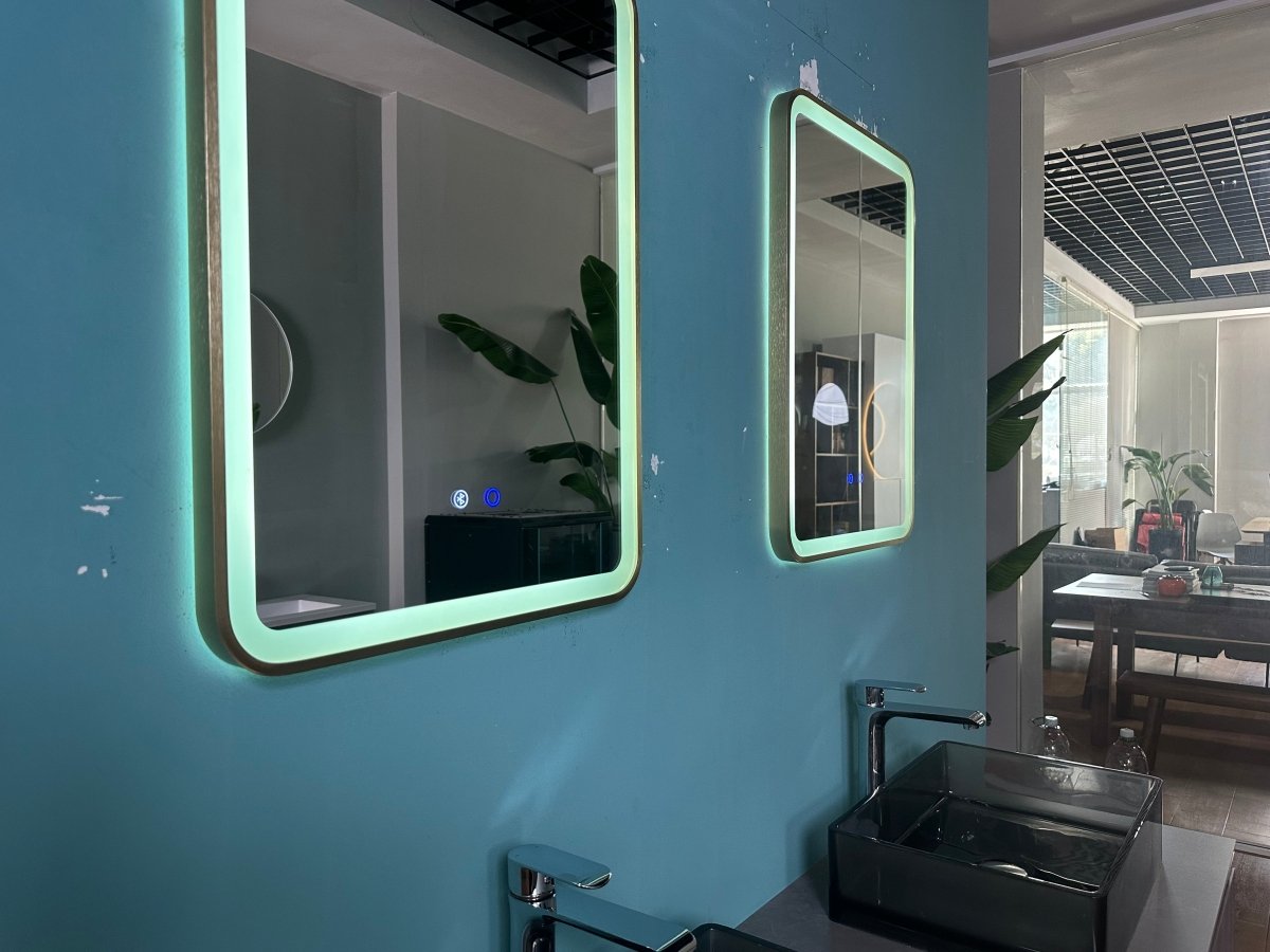 700x500mm Rectangular Brushed Gold Dimmable LED Bathroom Mirror – Bluetooth, Portrait or Landscape, Tri - Light & Anti - Fog | Lumora - TILES Paradise