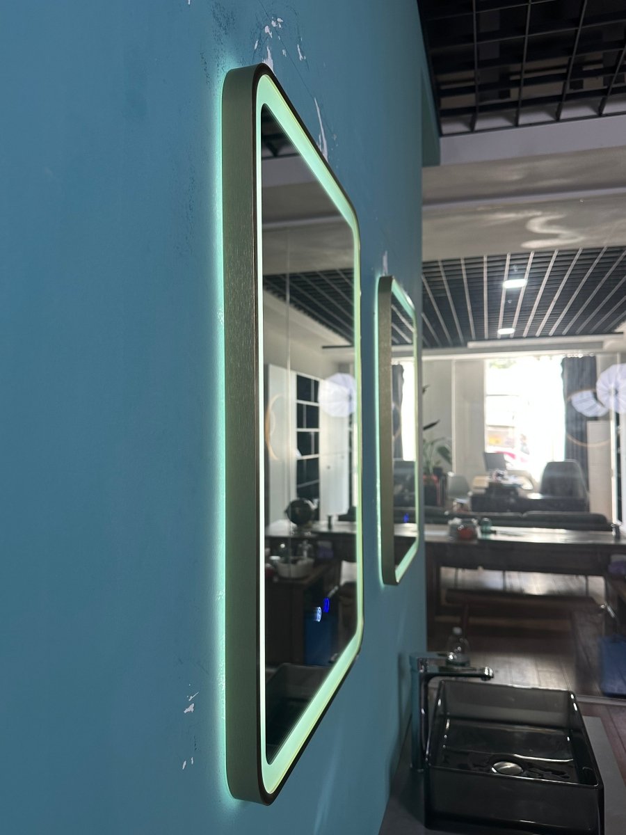 700x500mm Rectangular Brushed Gold Dimmable LED Bathroom Mirror – Bluetooth, Portrait or Landscape, Tri - Light & Anti - Fog | Lumora - TILES Paradise