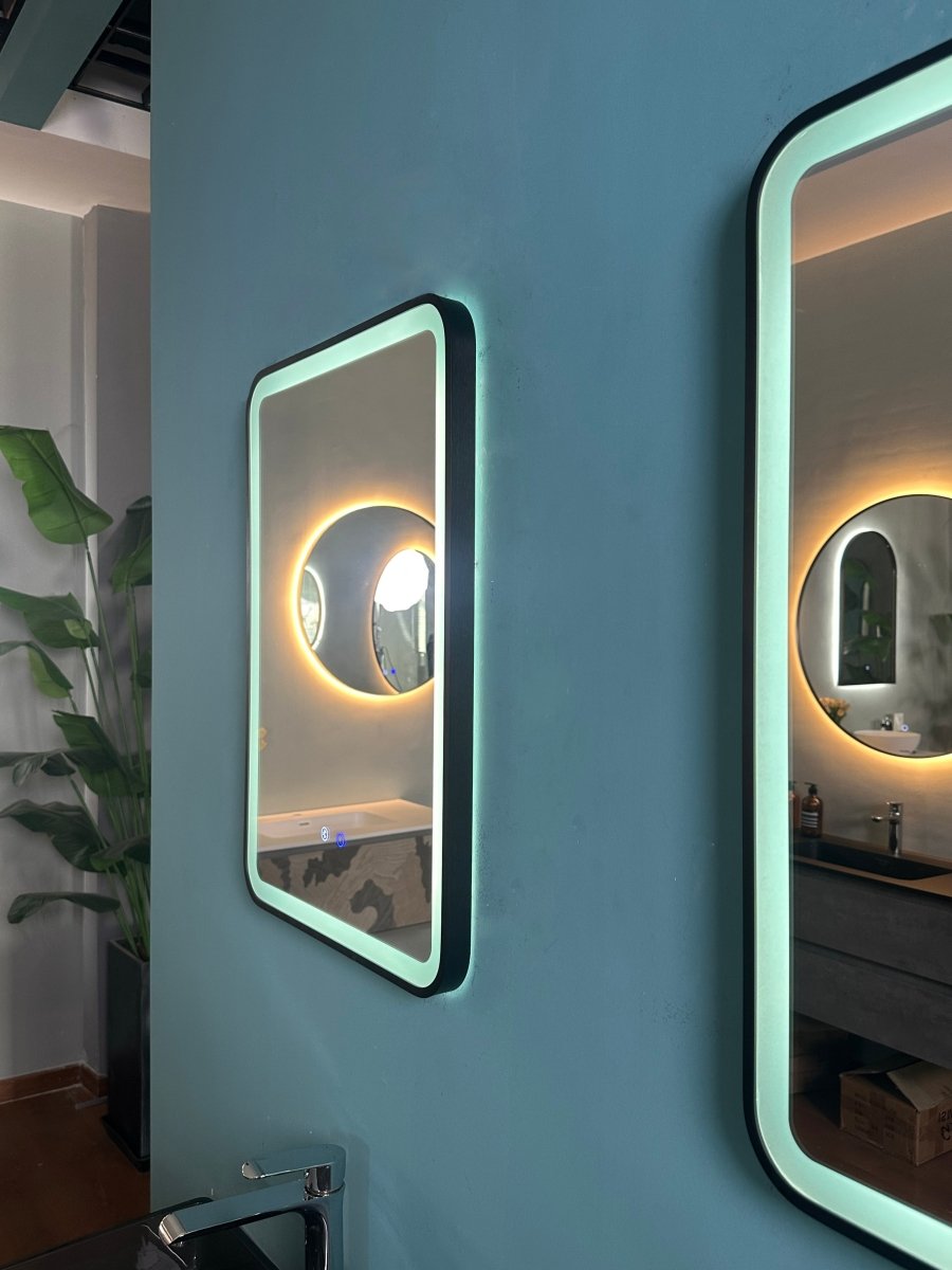 700x500mm Rectangular Matt Black Dimmable LED Bathroom Mirror – Bluetooth, Portrait or Landscape, Tri - Light & Anti - Fog | Lumora - TILES Paradise