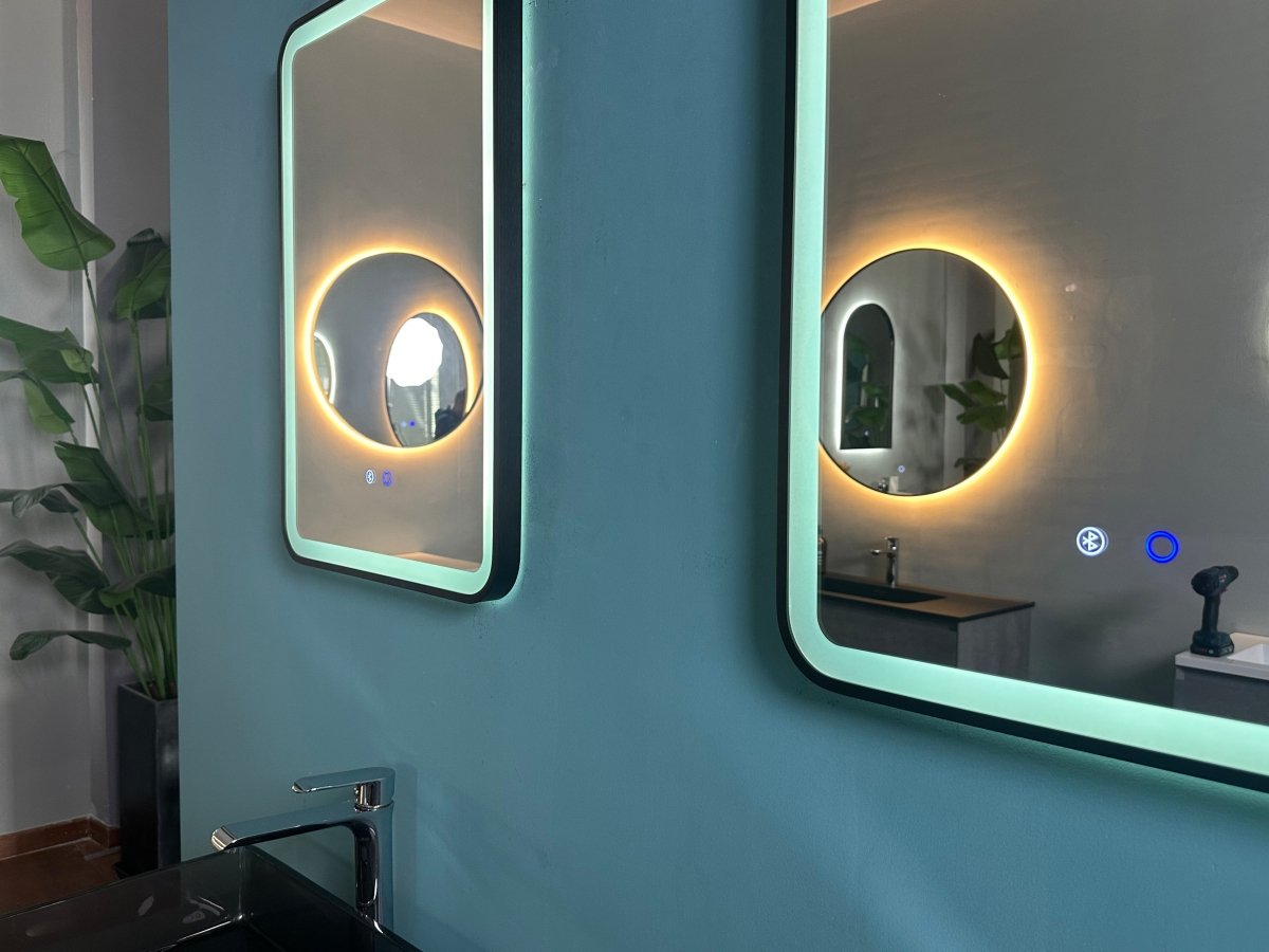 700x500mm Rectangular Matt Black Dimmable LED Bathroom Mirror – Bluetooth, Portrait or Landscape, Tri - Light & Anti - Fog | Lumora - TILES Paradise