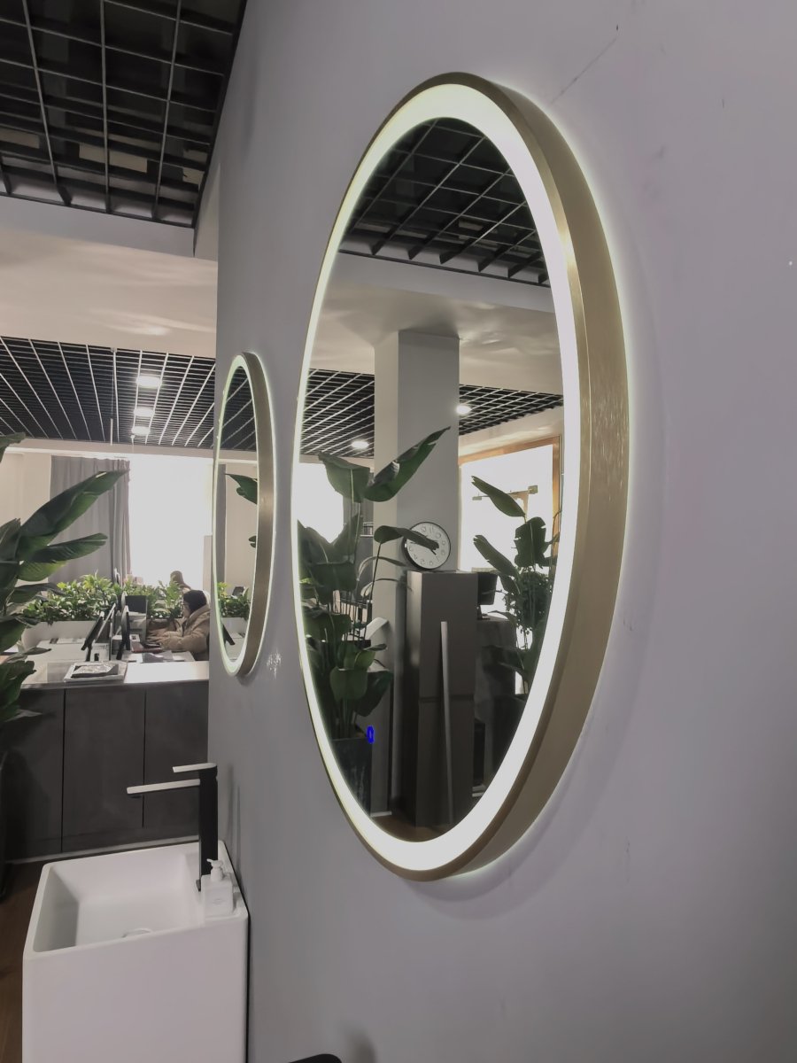 800mm Round Brushed Gold Large Dimmable LED Bathroom Mirror – Front - Lit Tri - Light & Anti - Fog | Lumora - TILES Paradise