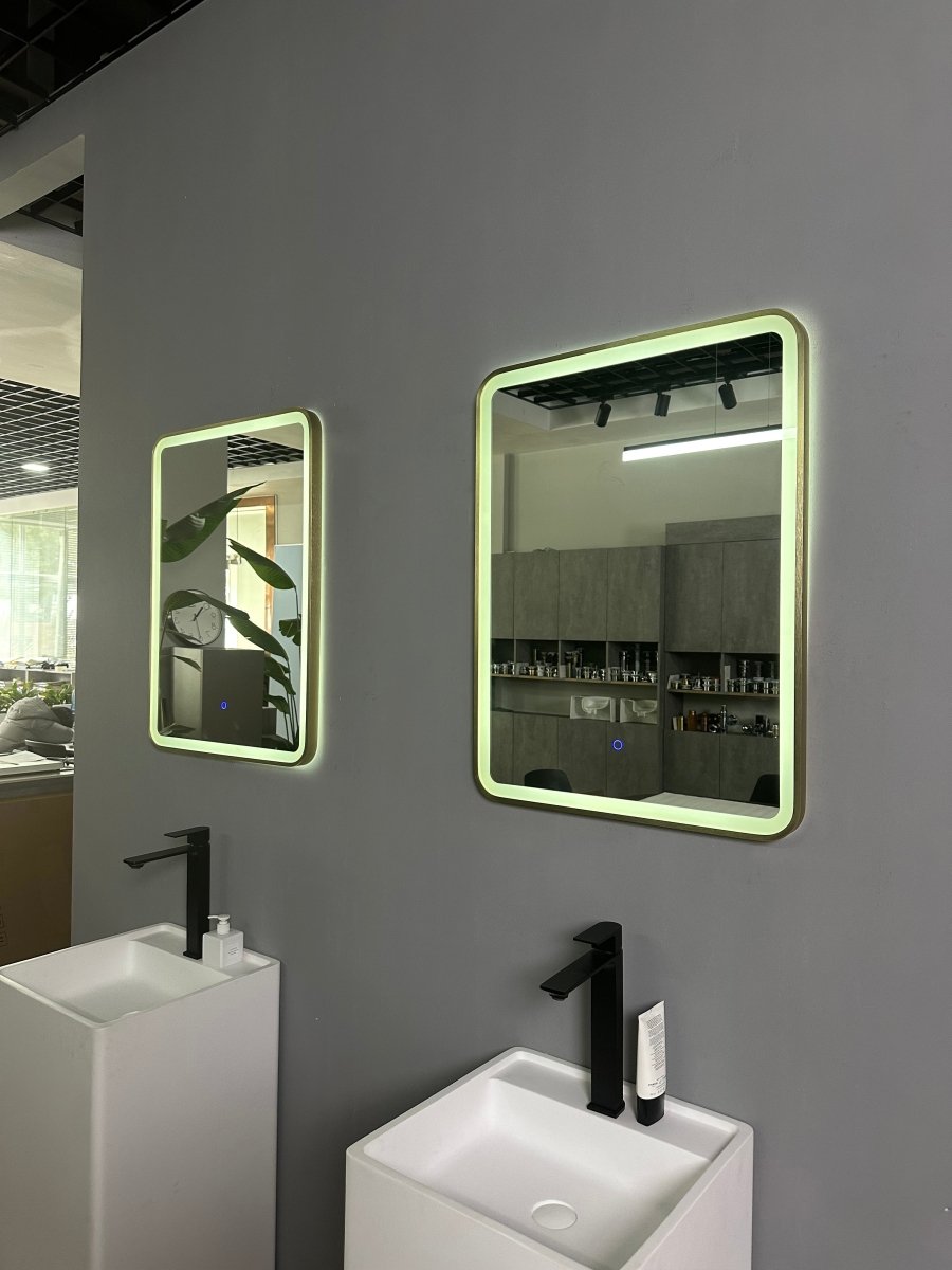 800x600mm Rectangular Brushed Gold Dimmable LED Bathroom Mirror – Portrait or Landscape, Tri - Light & Anti - Fog | Lumora - TILES Paradise