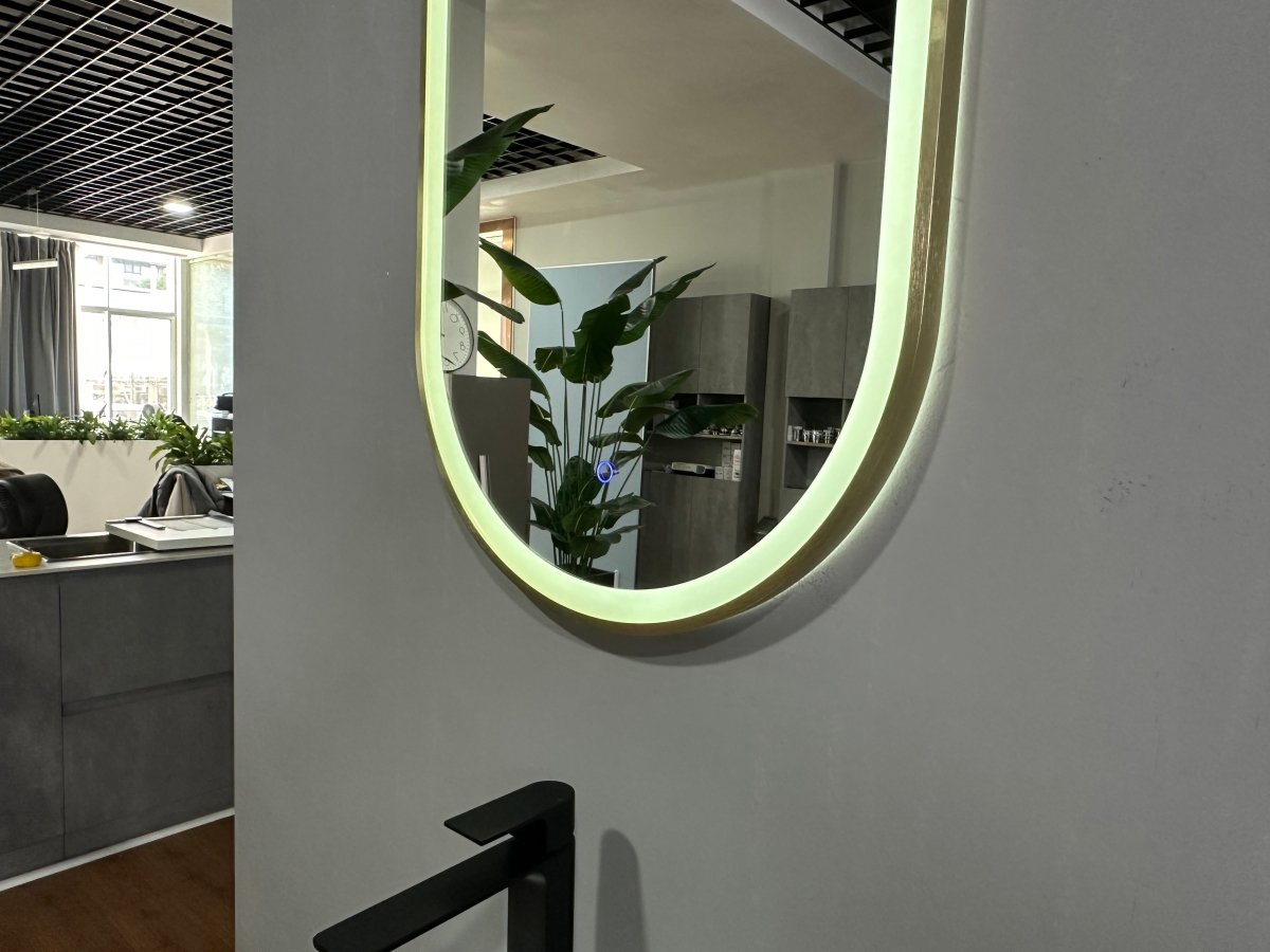900x500mm Oval Brushed Gold Dimmable LED Bathroom Mirror – Pill Mirror, Frosted Front - Lit Tri - Light & Anti - Fog | Lumora - TILES Paradise