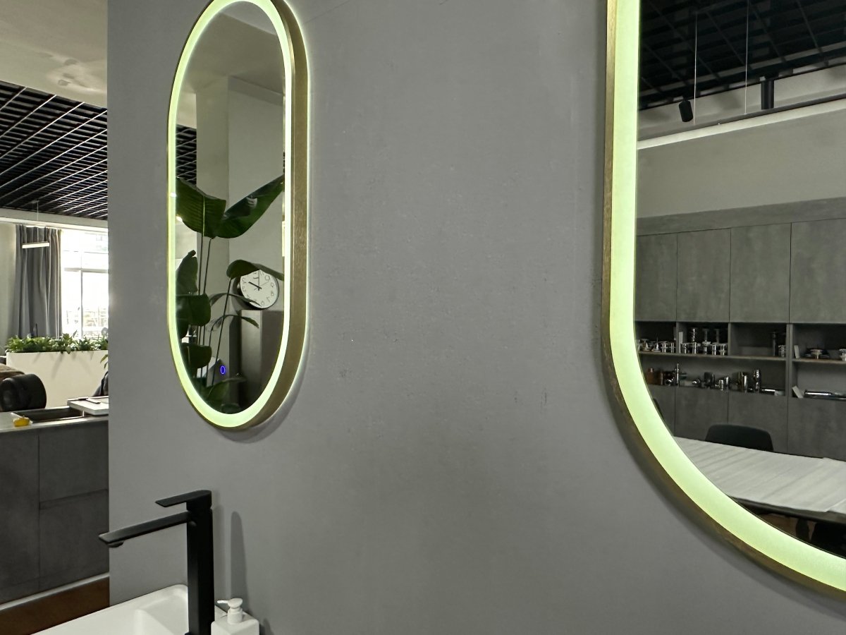900x500mm Oval Brushed Gold Dimmable LED Bathroom Mirror – Pill Mirror, Frosted Front - Lit Tri - Light & Anti - Fog | Lumora - TILES Paradise