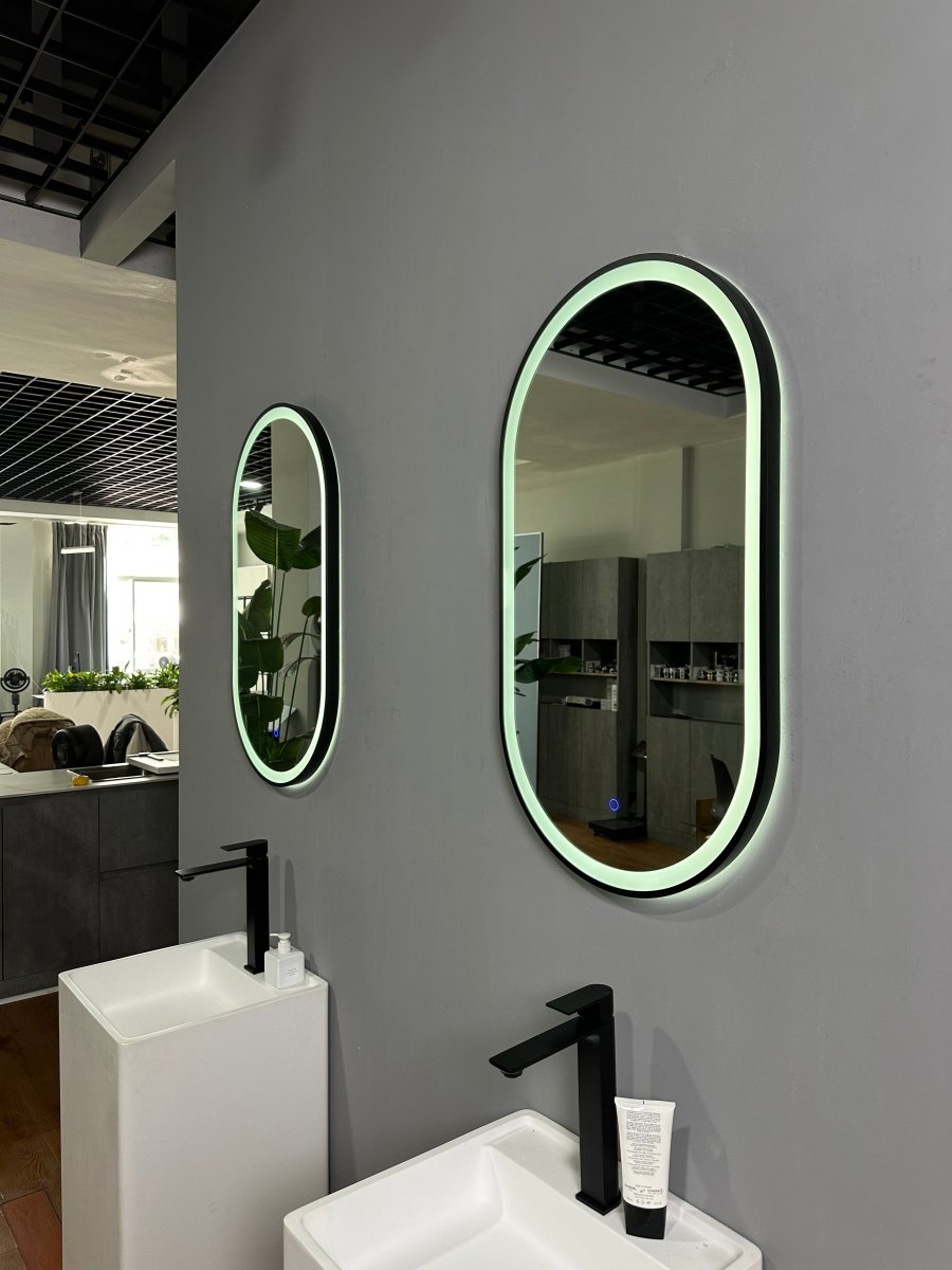 900x500mm Oval Matt Black Dimmable LED Bathroom Mirror – Pill Mirror, Frosted Front - Lit Tri - Light & Anti - Fog | Lumora - TILES Paradise