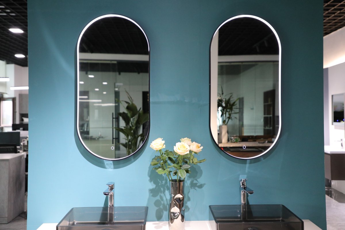 900x500mm Oval Matt Black Illuminated Dimmable LED Bathroom Mirror – Pill Mirror, Front - Lit Tri - Light & Anti - Fog | Lumora - TILES Paradise