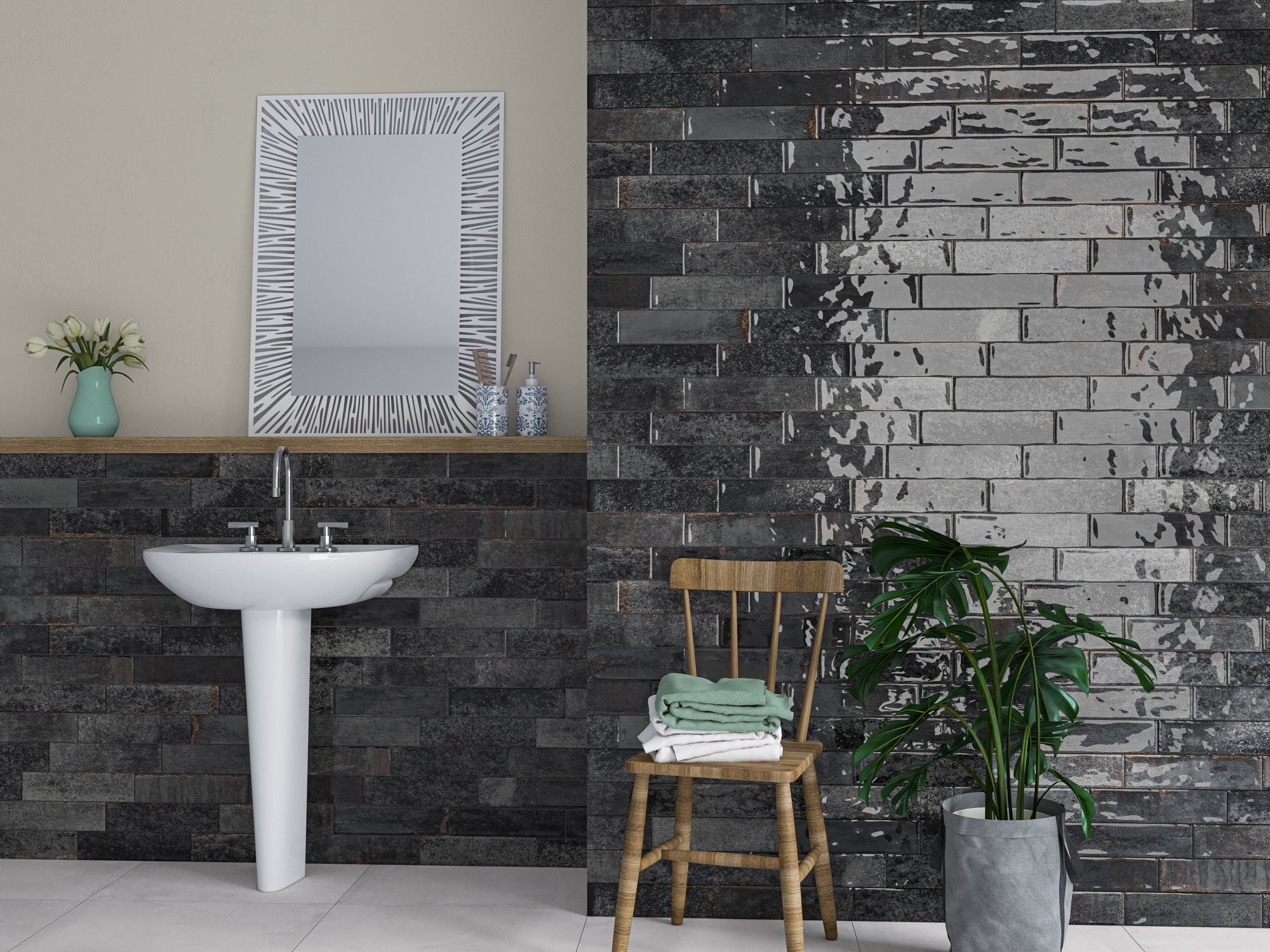 Marena Black Gloss Ceramic 75x300mm Metro Wall Tile