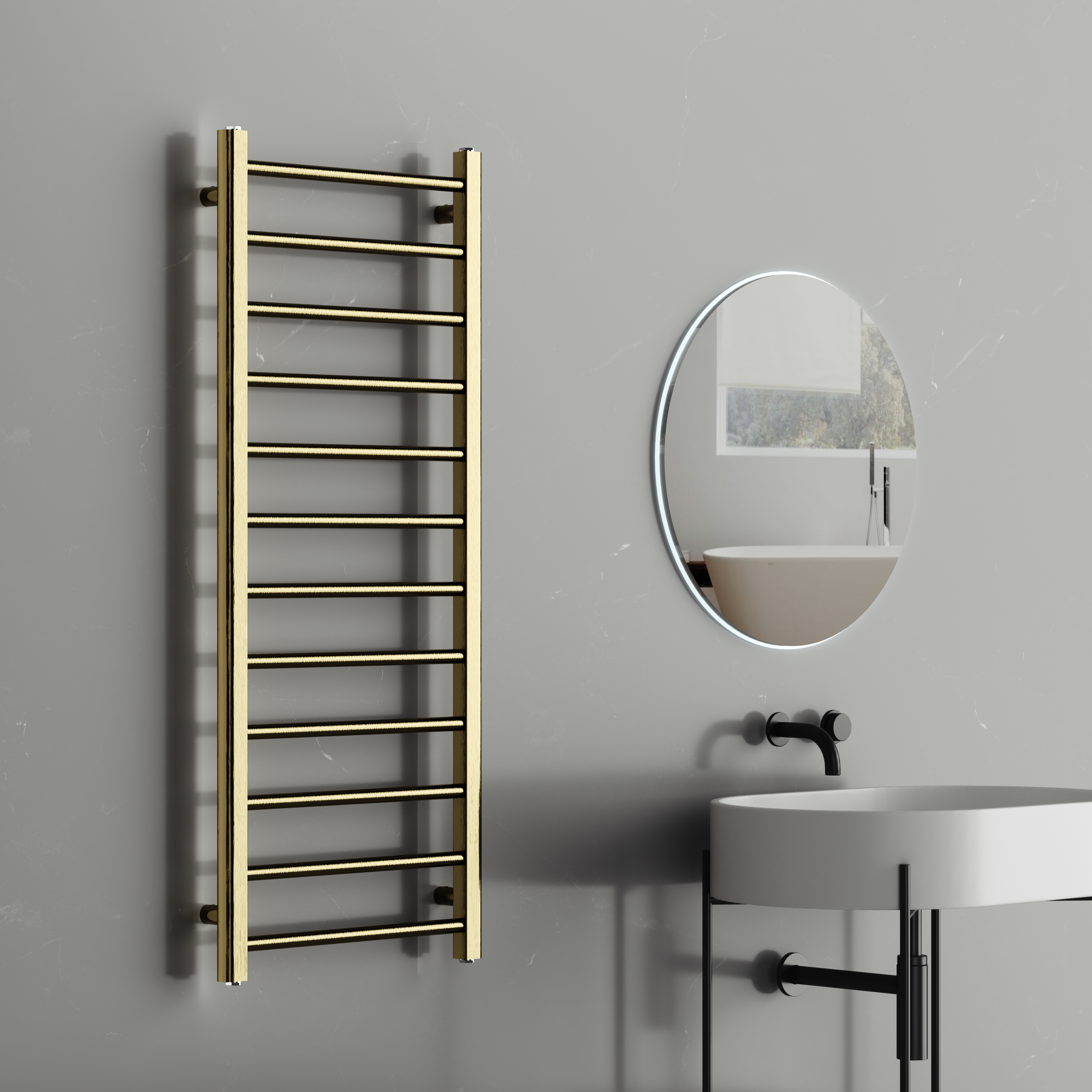 Rivena 1200x500mm Brushed Gold Heated Towel Rail – Slimline 12 Bar Ladder Radiator