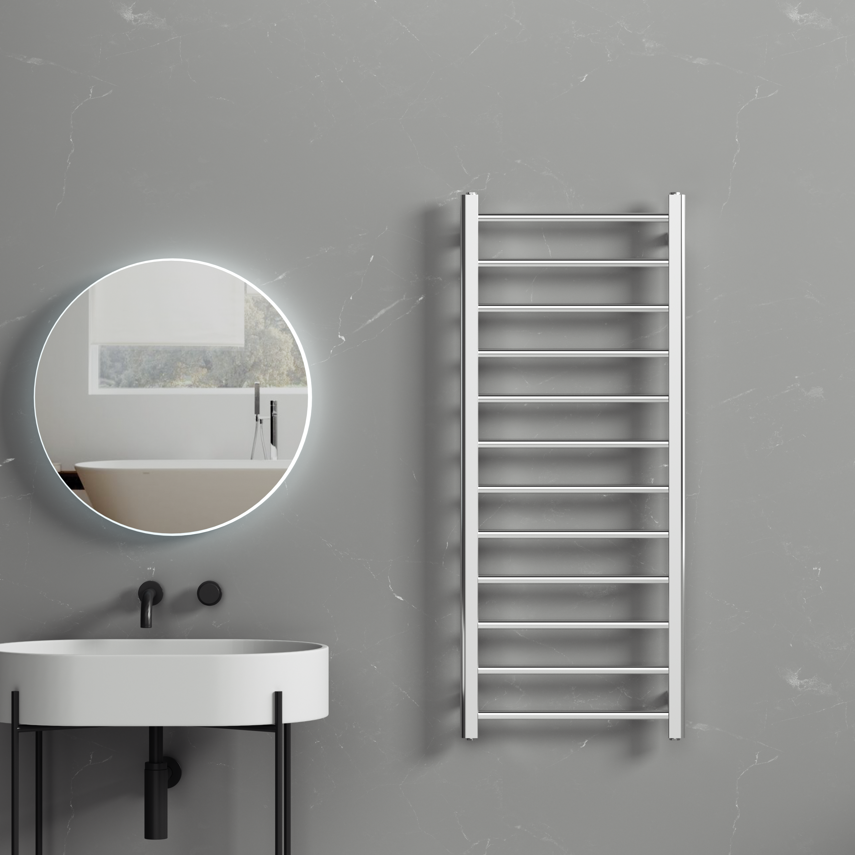Rivena 1200x500mm Chrome Heated Towel Rail – Slimline 12 Bar Ladder Radiator