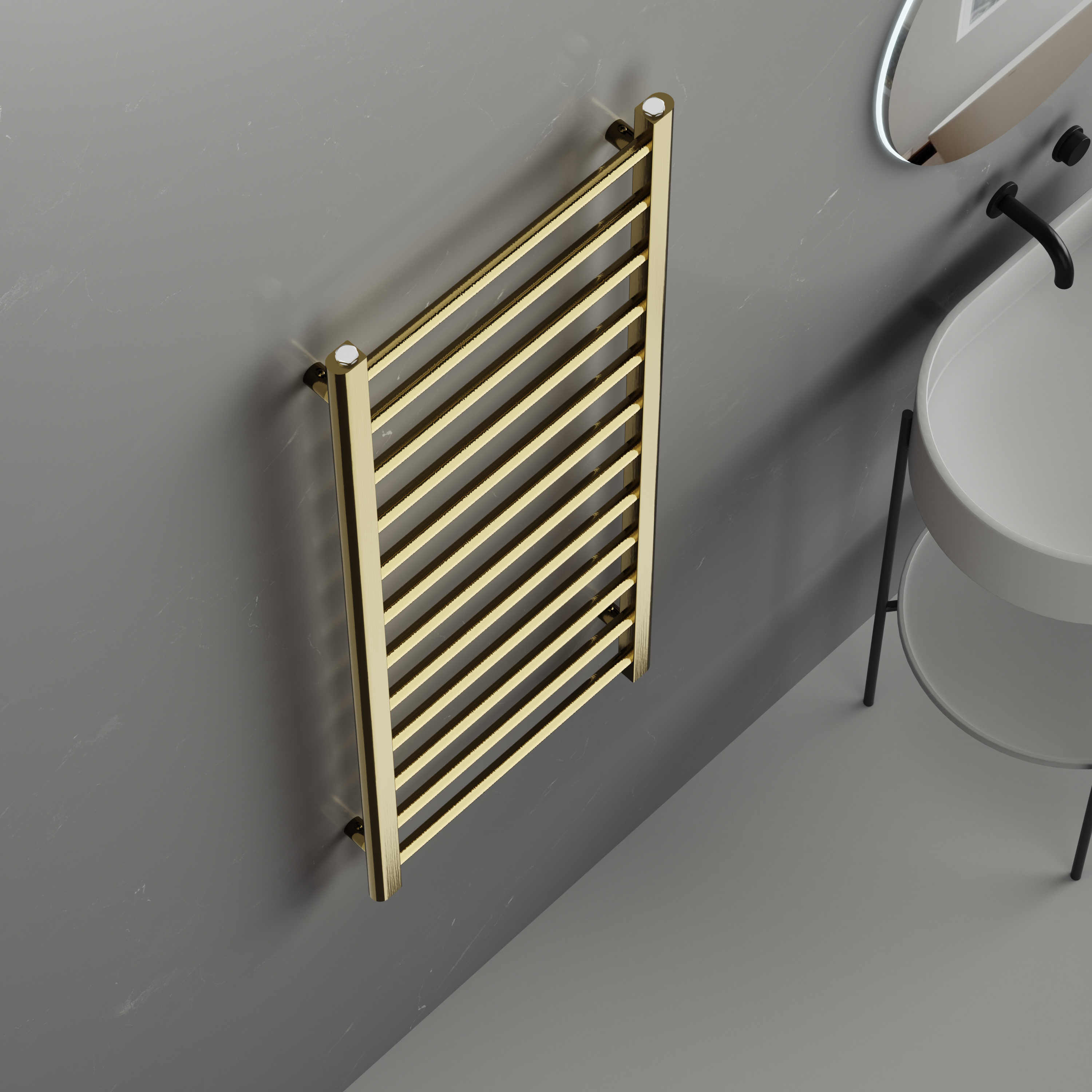 Rivena 1200x500mm Brushed Gold Heated Towel Rail – Slimline 12 Bar Ladder Radiator