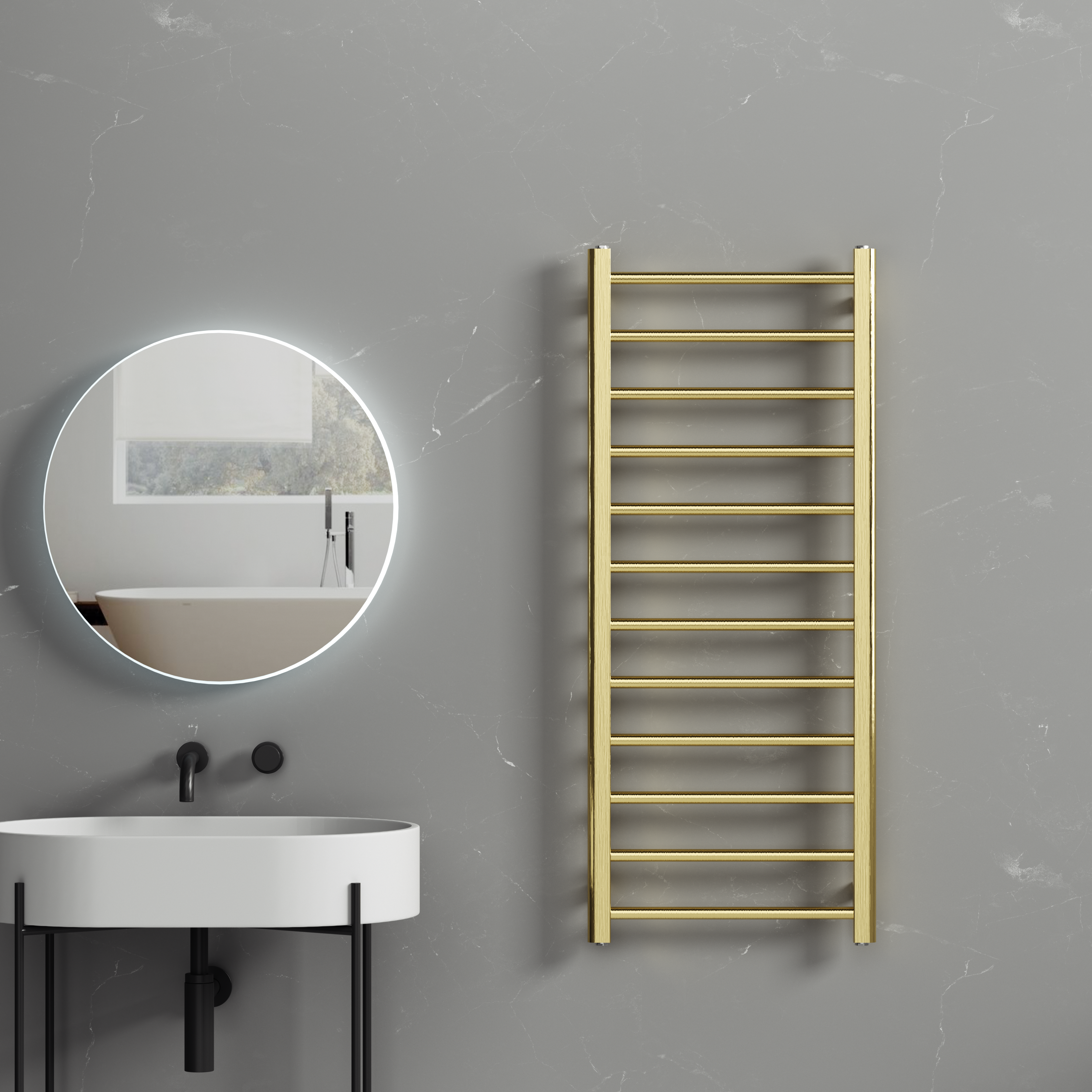 Rivena 1200x500mm Brushed Gold Heated Towel Rail – Slimline 12 Bar Ladder Radiator
