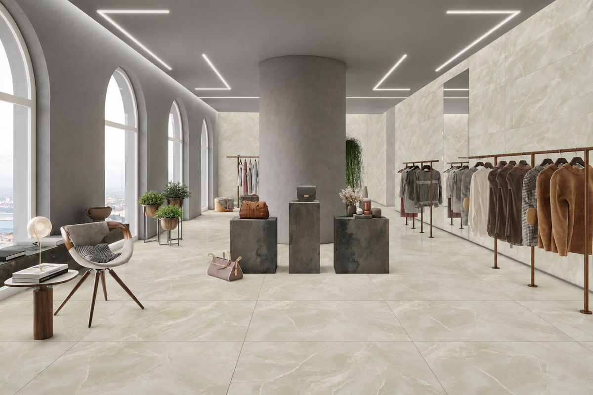 Ivory Pearl Onyx Effect Matt Porcelain 60x60cm Wall & Floor Tile - room setting