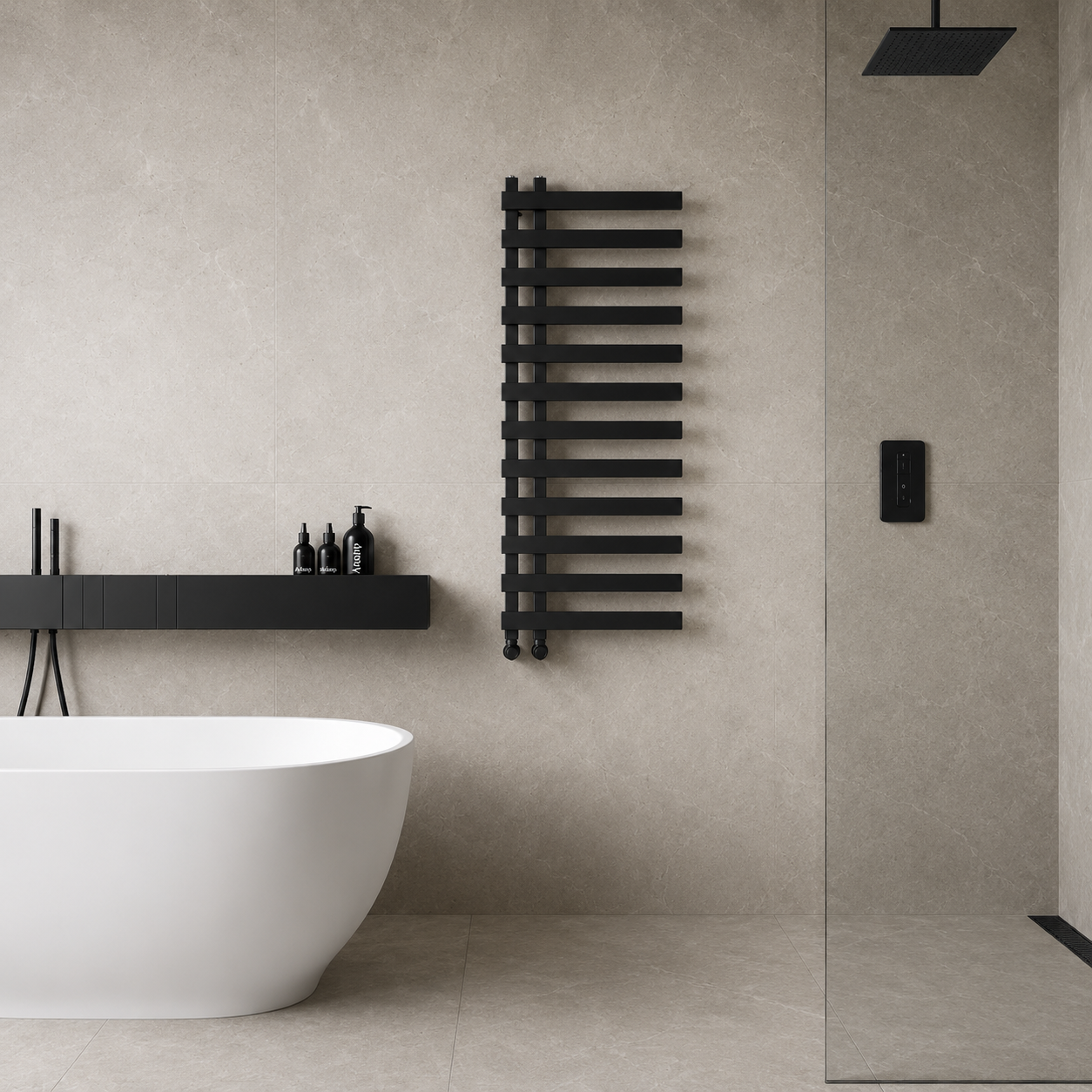 Lazio 1200x500mm Matt Black Heated Towel Rail – 11 Bar Ladder Radiator, Central Connection
