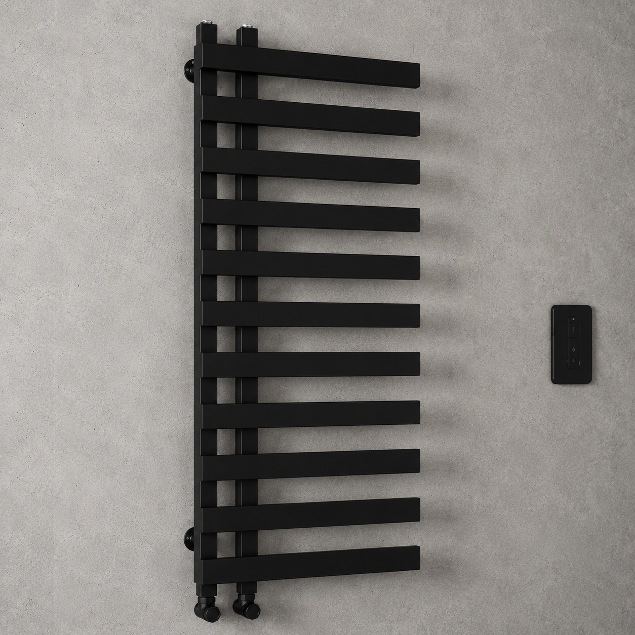 Lazio 1200x500mm Matt Black Heated Towel Rail – 11 Bar Ladder Radiator, Central Connection