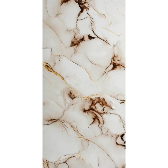 Gold and white marble effect porcelain tiles in a kitchen